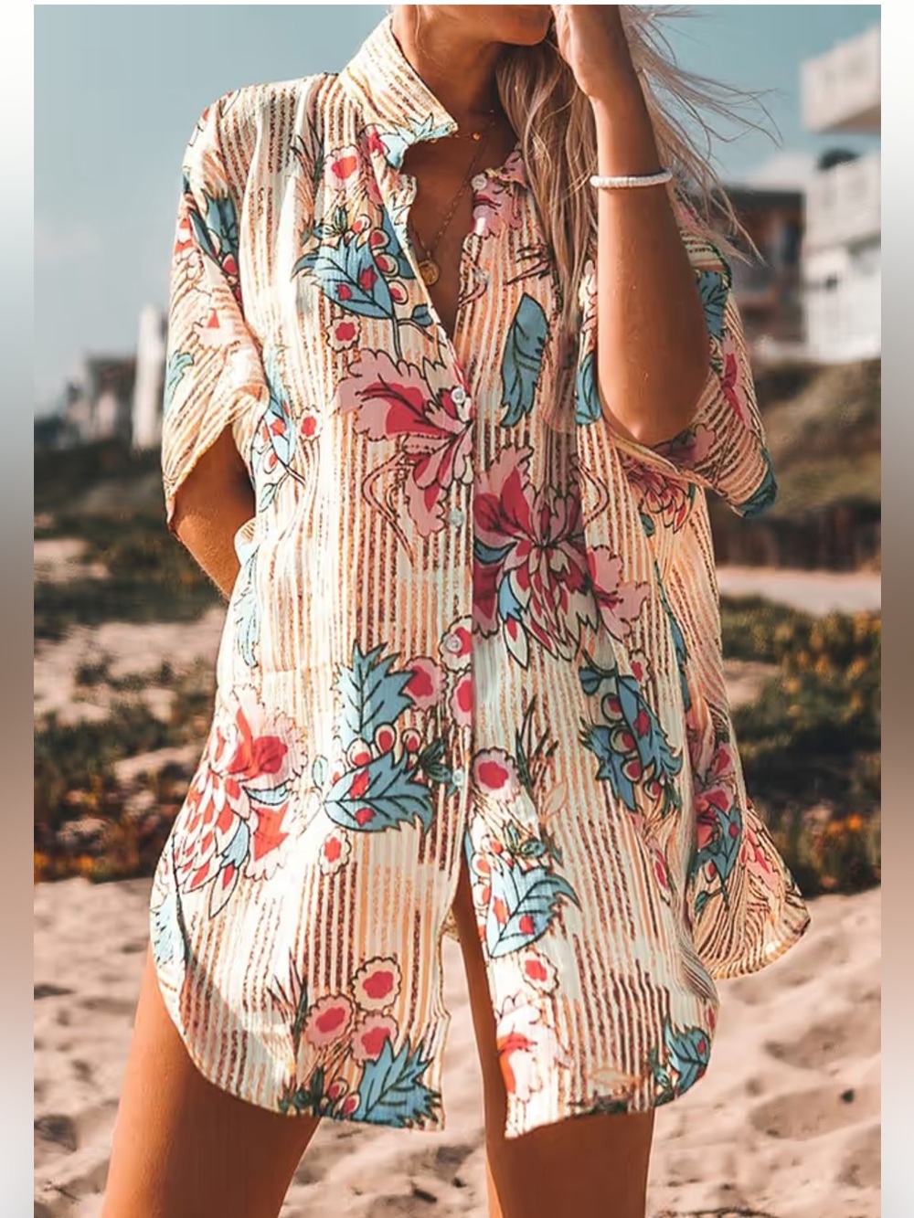 Cupshe Cream Floral Beach Coverup with Pink & Blue Accents